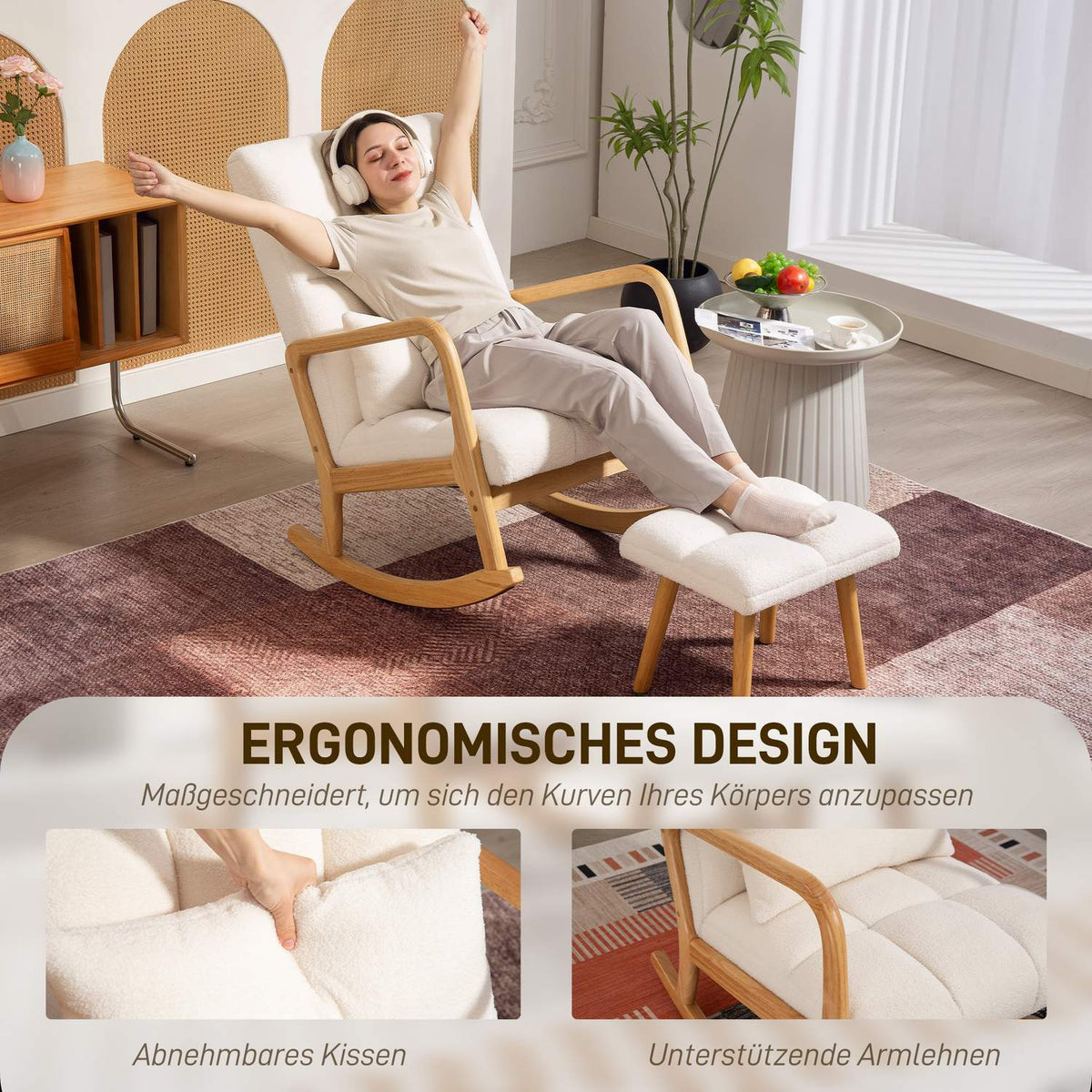 Rocking Chair with Ottoman, Fleece Cover, High Back, Wood Legs