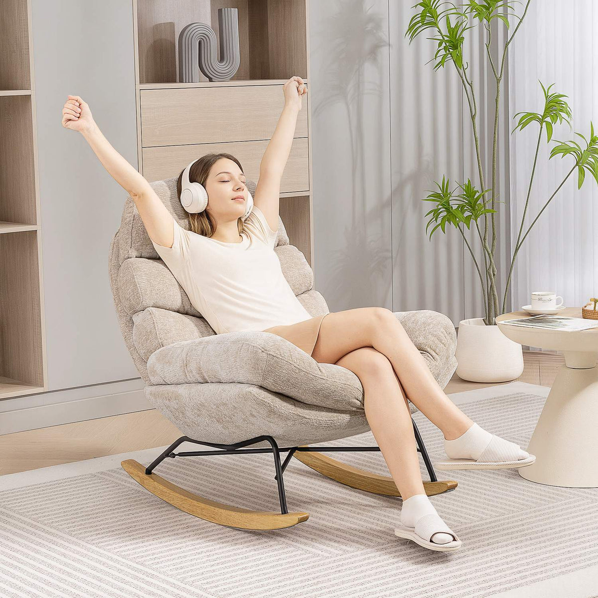 Rocking Chair with Steel Legs and Wood Base, Cream White