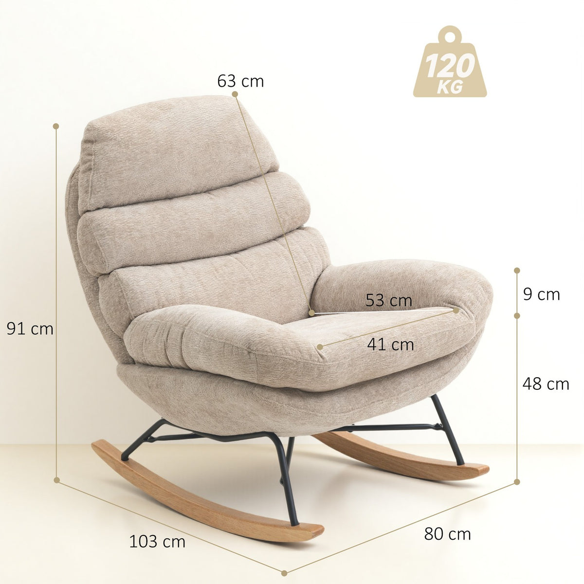 Rocking Chair with Steel Legs and Wood Base, Cream White