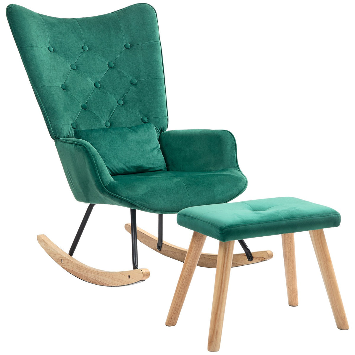 Rocking Chair with Stool, Relaxation Chair with Cushion, Velvet Look, Wing Chair with Wooden Legs for Bedroom, Living Room, 66 x 96 x 101 cm, Green