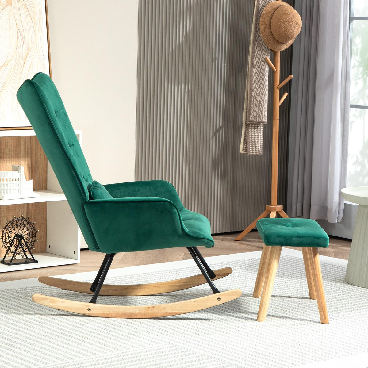 Rocking Chair with Stool, Relaxation Chair with Cushion, Velvet Look, Wing Chair with Wooden Legs for Bedroom, Living Room, 66 x 96 x 101 cm, Green