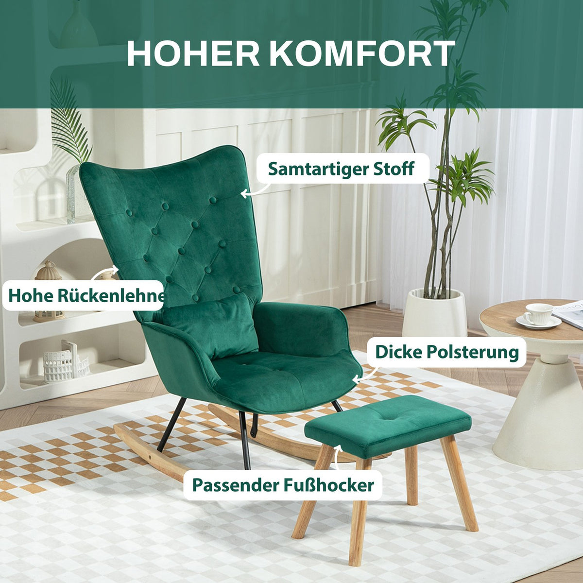 Rocking Chair with Stool, Relaxation Chair with Cushion, Velvet Look, Wing Chair with Wooden Legs for Bedroom, Living Room, 66 x 96 x 101 cm, Green