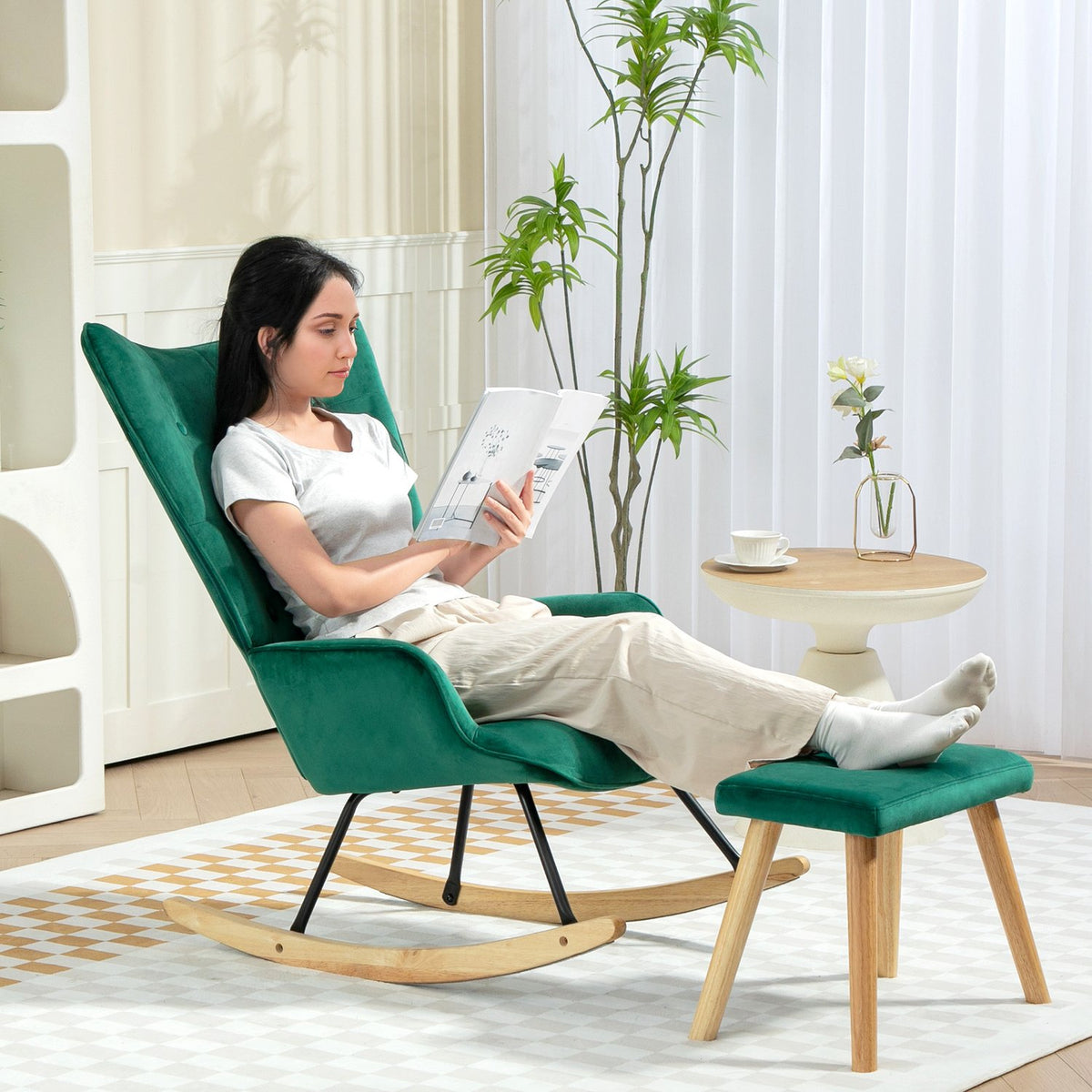 Rocking Chair with Stool, Relaxation Chair with Cushion, Velvet Look, Wing Chair with Wooden Legs for Bedroom, Living Room, 66 x 96 x 101 cm, Green
