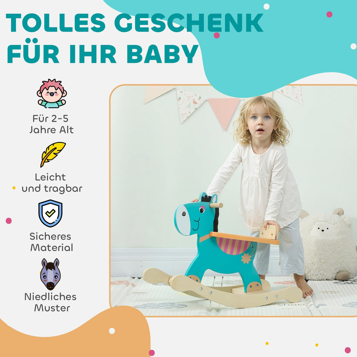 Rocking Donkey Baby Toy with Handles, 59x27x43 cm, Blue-Green