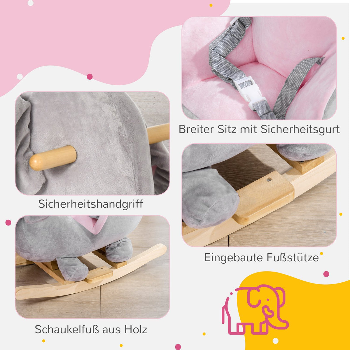 Rocking Horse Elephant Music Wood Grey/Pink 18M+