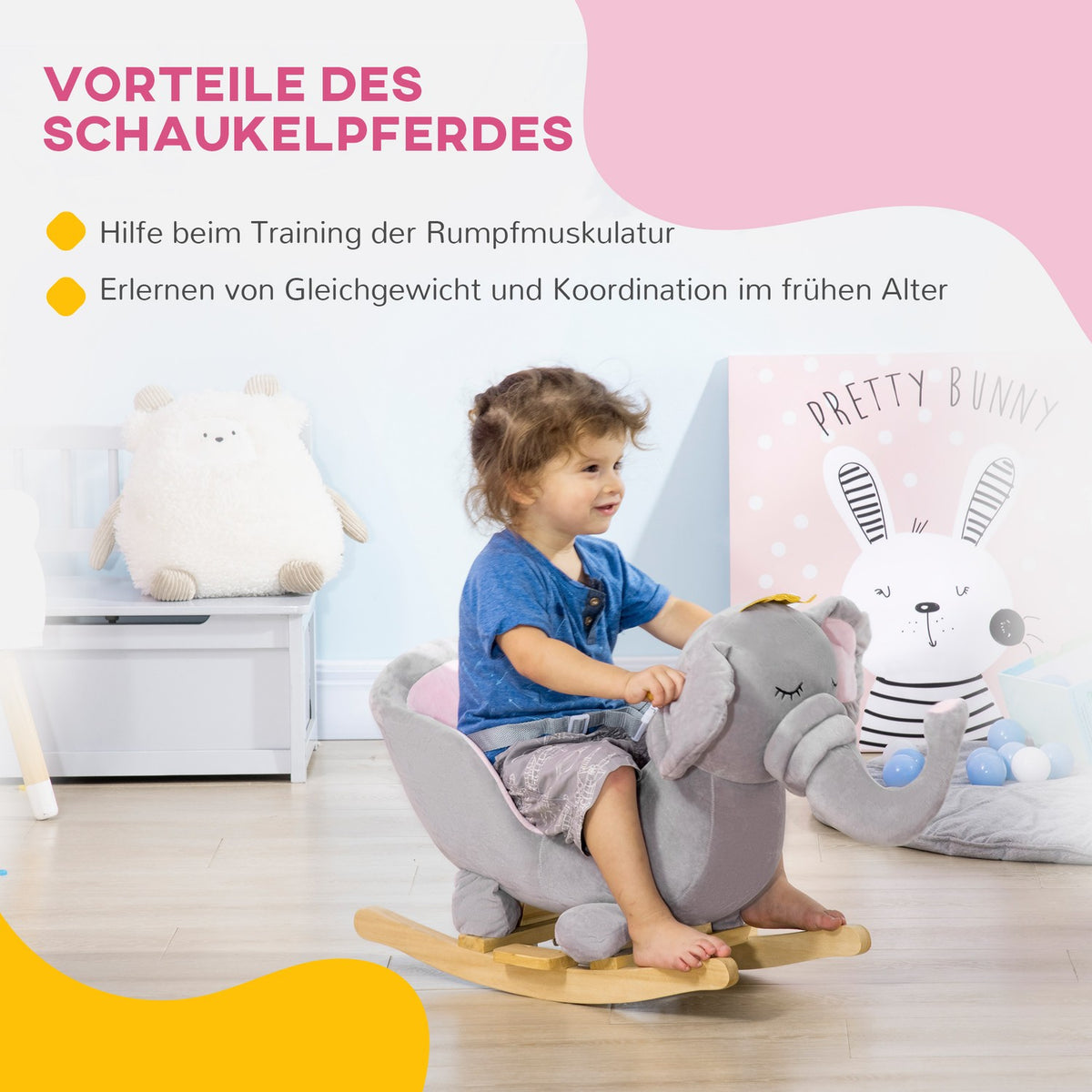 Rocking Horse Elephant Music Wood Grey/Pink 18M+