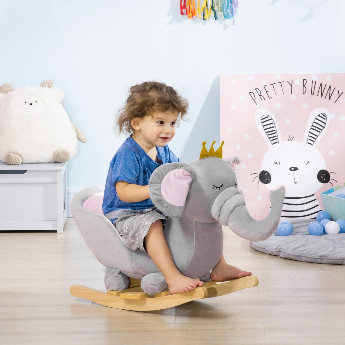 Rocking Horse Elephant Music Wood Grey/Pink 18M+