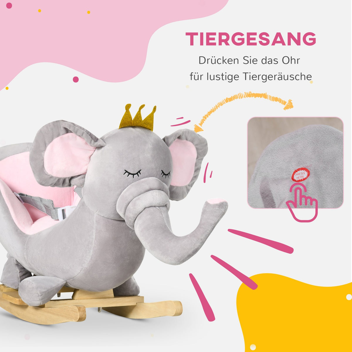 Rocking Horse Elephant Music Wood Grey/Pink 18M+