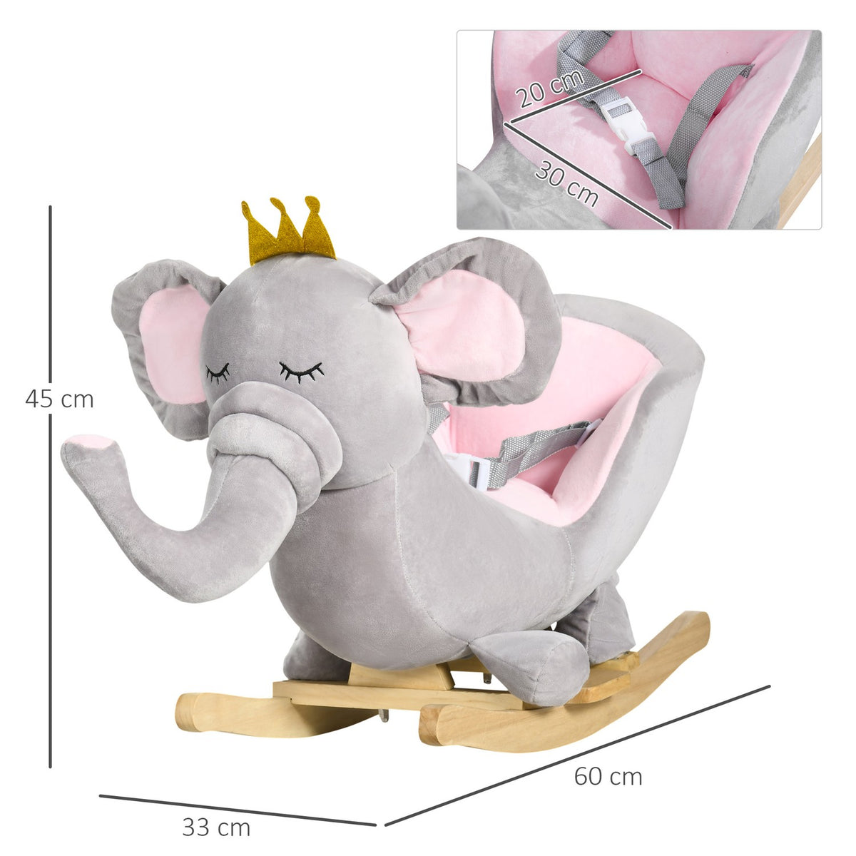 Rocking Horse Elephant Music Wood Grey/Pink 18M+