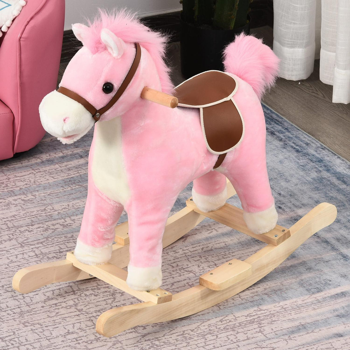 Rocking Horse In Pink Plush Rocking Toy With Animal Sounds, Toy For 36-72 Months, 65X32.5X61 Cm