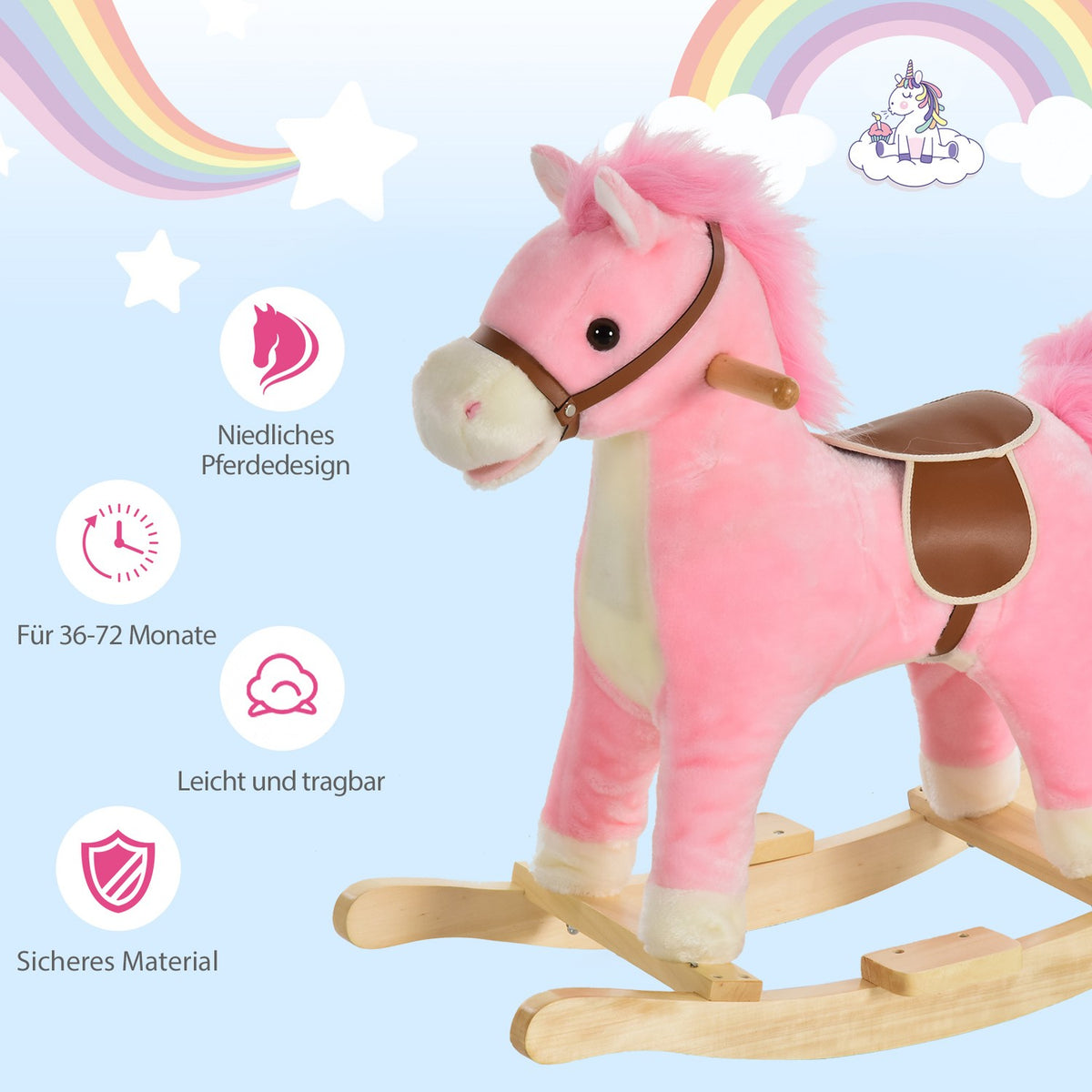 Rocking Horse In Pink Plush Rocking Toy With Animal Sounds, Toy For 36-72 Months, 65X32.5X61 Cm