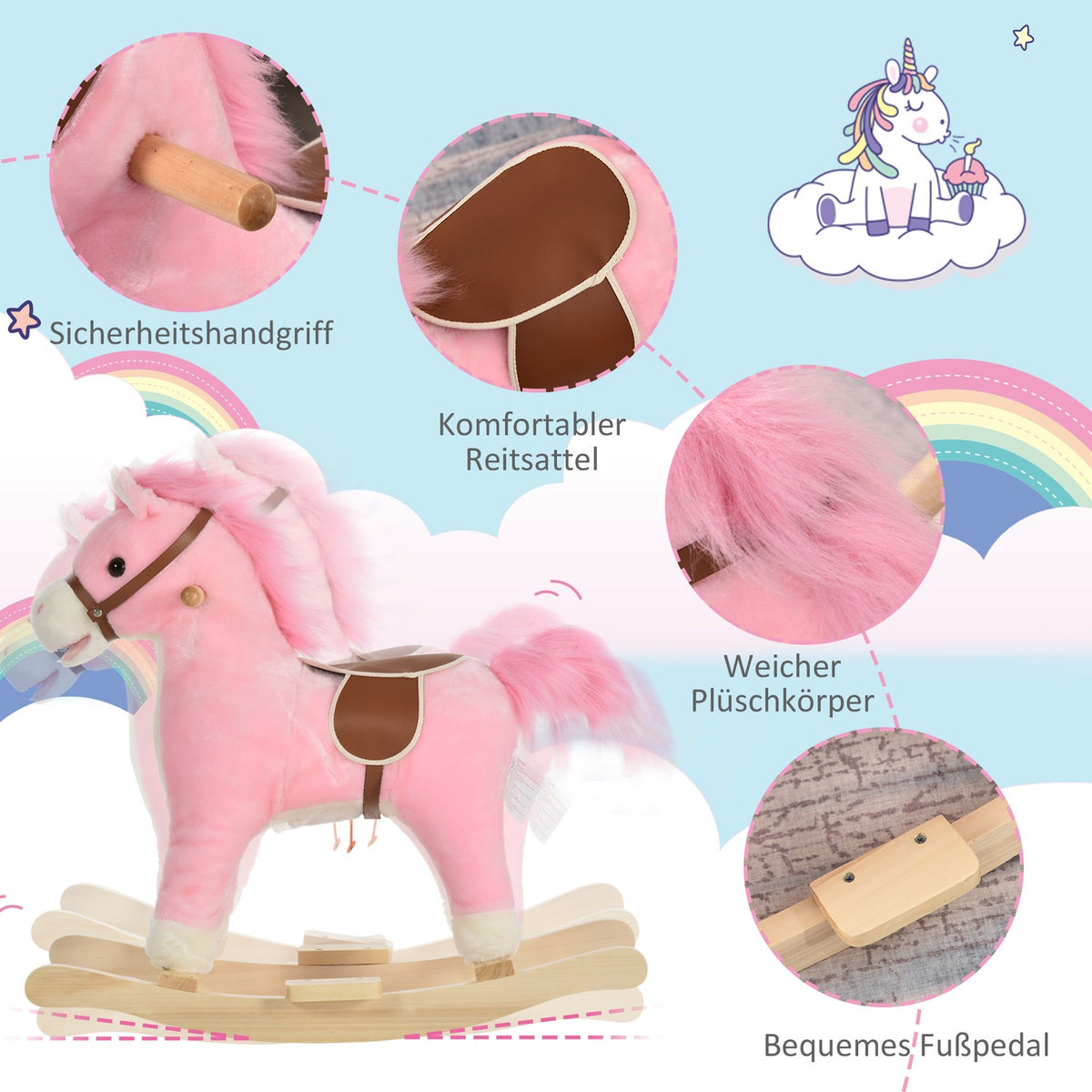 Rocking Horse In Pink Plush Rocking Toy With Animal Sounds, Toy For 36-72 Months, 65X32.5X61 Cm