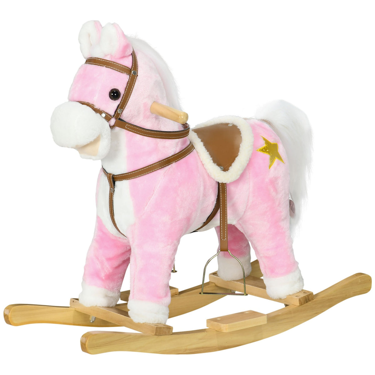 Rocking Horse Plush With Sound Pink Children'S Rocking Chair Footrest For 3-6 Years Wooden