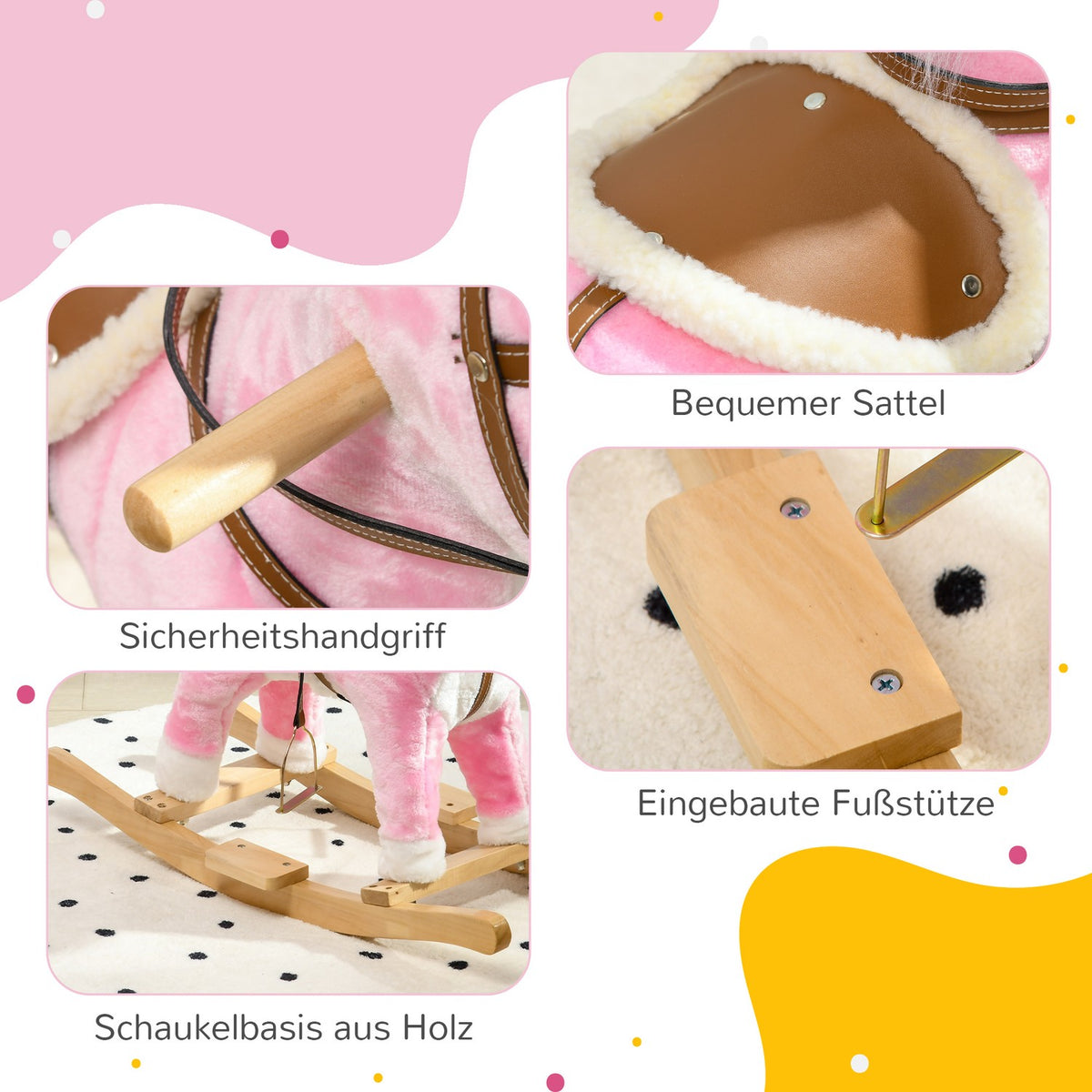 Rocking Horse Plush With Sound Pink Children'S Rocking Chair Footrest For 3-6 Years Wooden
