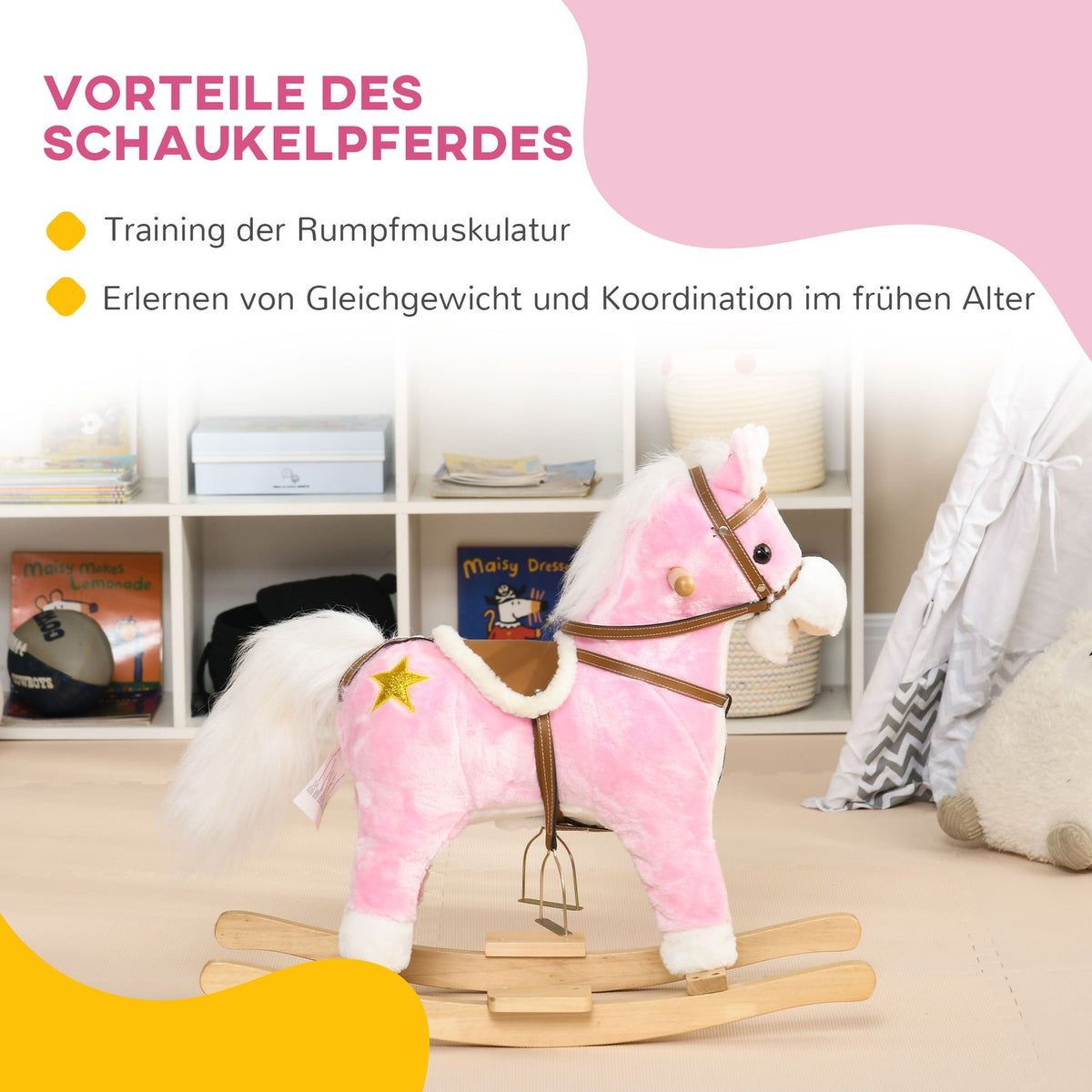 Rocking Horse Plush With Sound Pink Children'S Rocking Chair Footrest For 3-6 Years Wooden