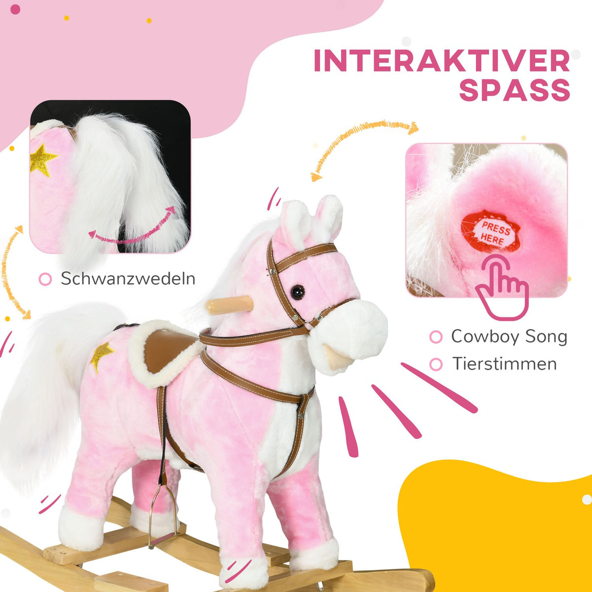 Rocking Horse Plush With Sound Pink Children'S Rocking Chair Footrest For 3-6 Years Wooden