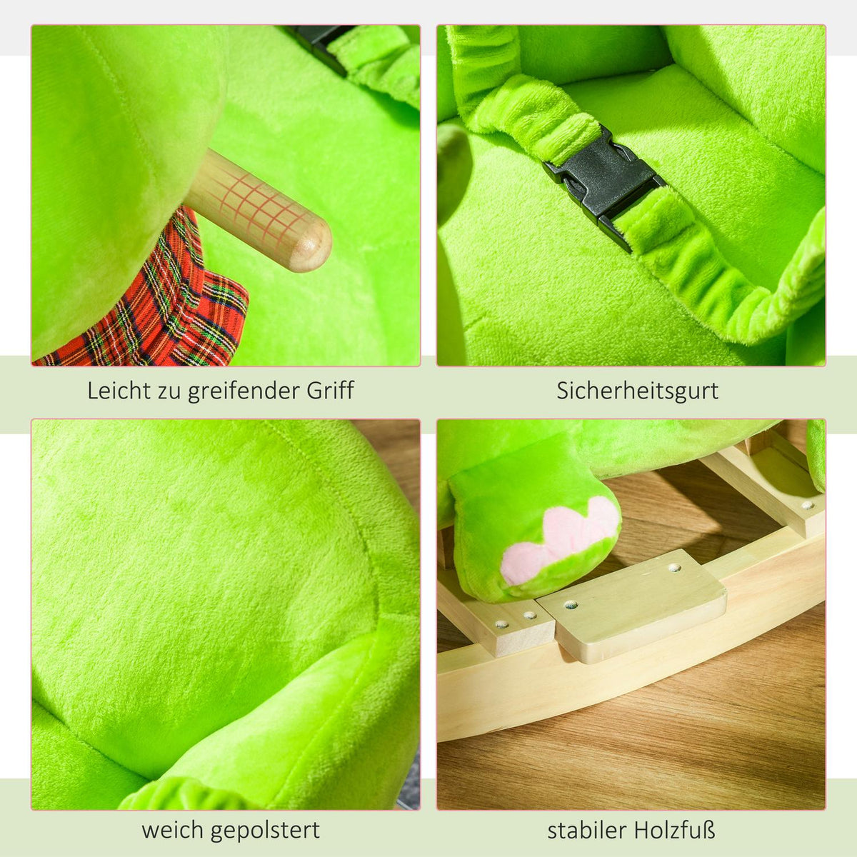 Rocking Horse Rocking Animal From 18 Months With Wheels And Music, Poplar + Plush, Green + Pink White, 60 X 32 X 52 Cm