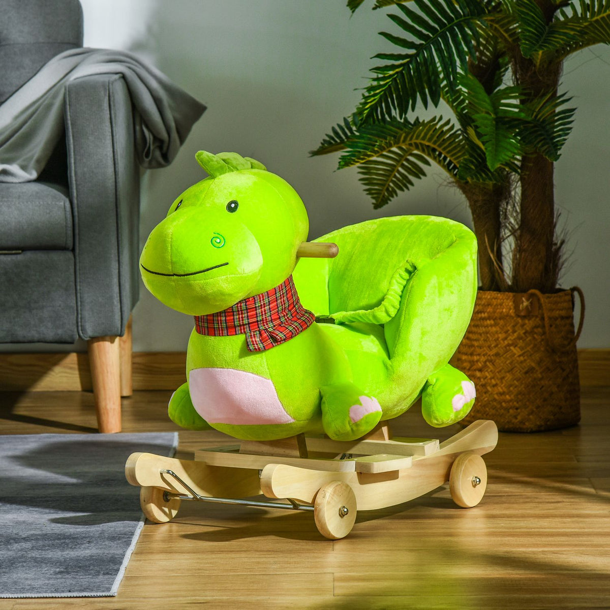 Rocking Horse Rocking Animal From 18 Months With Wheels And Music, Poplar + Plush, Green + Pink White, 60 X 32 X 52 Cm