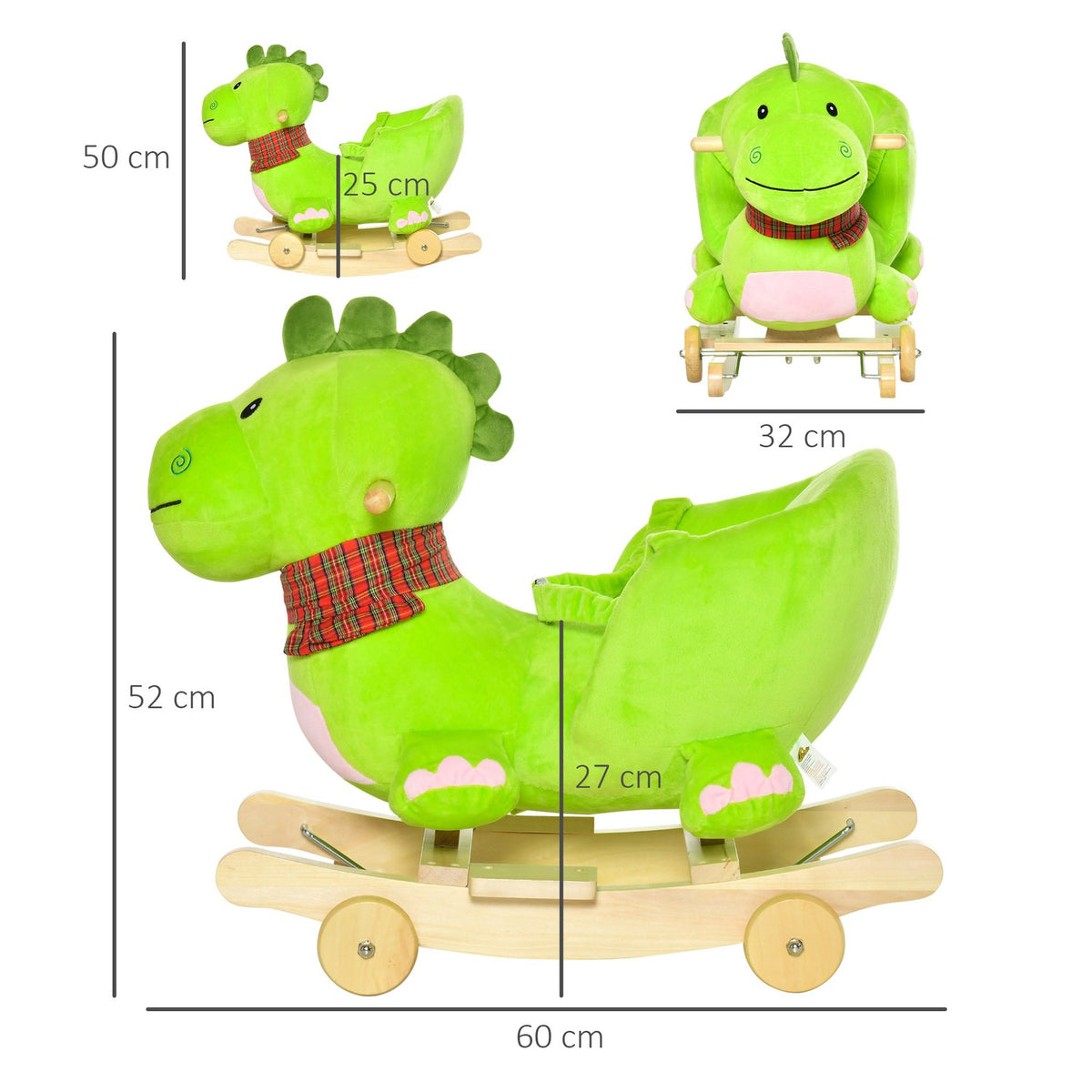Rocking Horse Rocking Animal From 18 Months With Wheels And Music, Poplar + Plush, Green + Pink White, 60 X 32 X 52 Cm