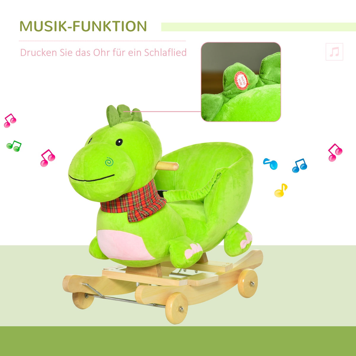 Rocking Horse Rocking Animal From 18 Months With Wheels And Music, Poplar + Plush, Green + Pink White, 60 X 32 X 52 Cm
