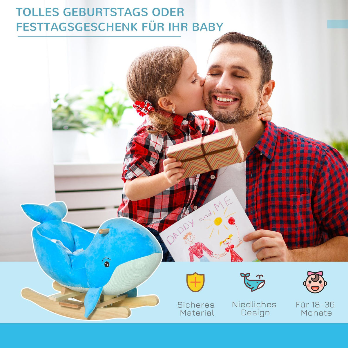 Rocking Horse Rocking Animal With Whale Design Sound Plush Toy For 18-36 Months Children Poplar Wood Blue 60 X 33 X 50 Cm