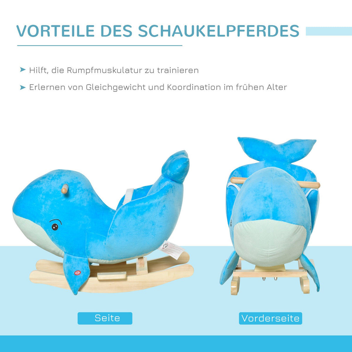 Rocking Horse Rocking Animal With Whale Design Sound Plush Toy For 18-36 Months Children Poplar Wood Blue 60 X 33 X 50 Cm