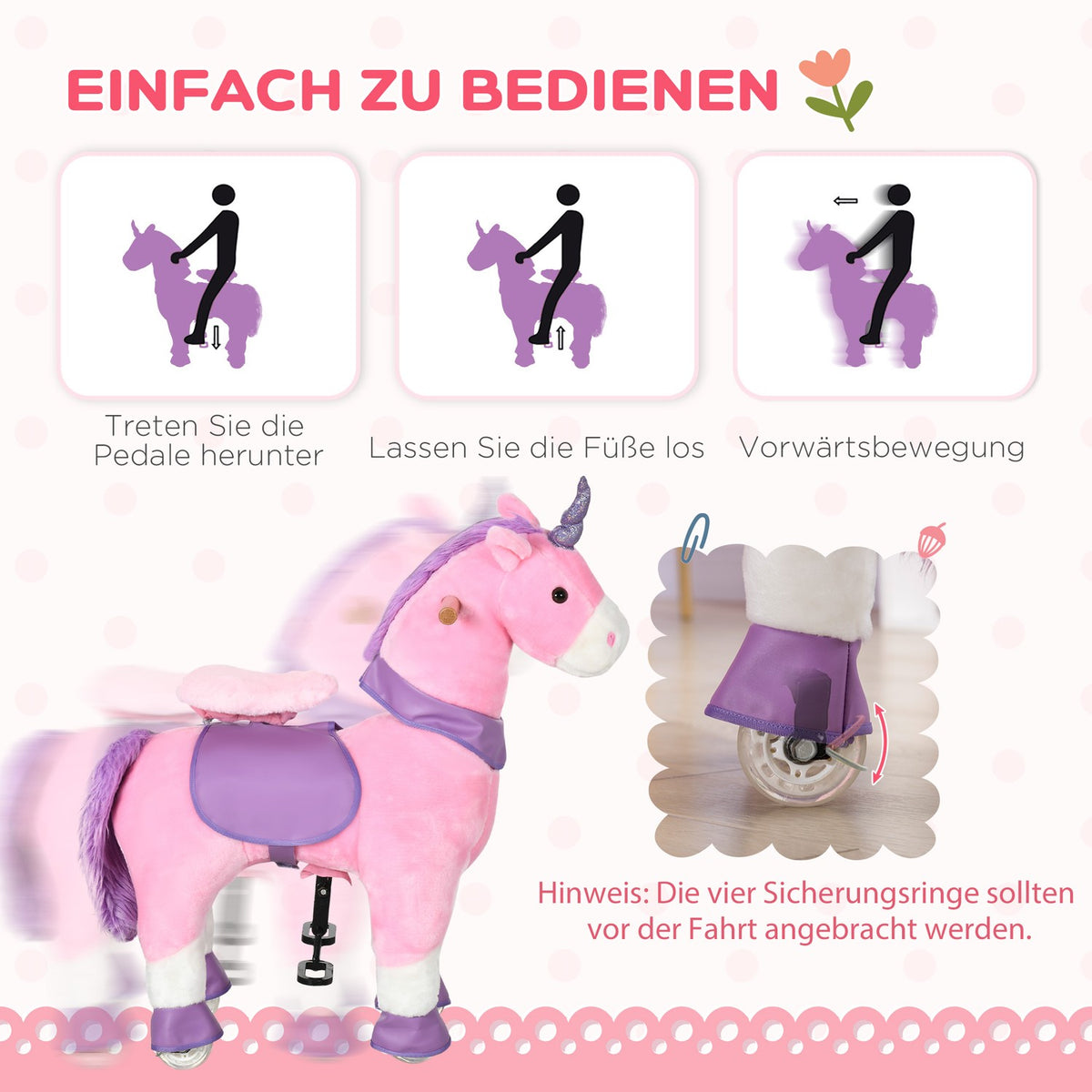 Rocking Horse Toy Horse Unicorn, 4 Wheels, 2 Pedals, Padded Saddle, 70 Cm X 32 Cm X 87 Cm; Pink + Purple + White
