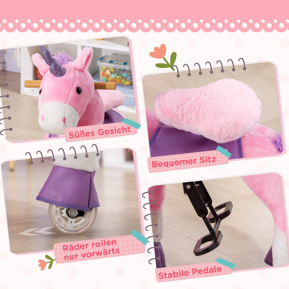Rocking Horse Toy Horse Unicorn, 4 Wheels, 2 Pedals, Padded Saddle, 70 Cm X 32 Cm X 87 Cm; Pink + Purple + White