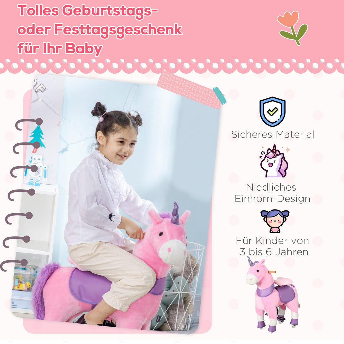 Rocking Horse Toy Horse Unicorn, 4 Wheels, 2 Pedals, Padded Saddle, 70 Cm X 32 Cm X 87 Cm; Pink + Purple + White