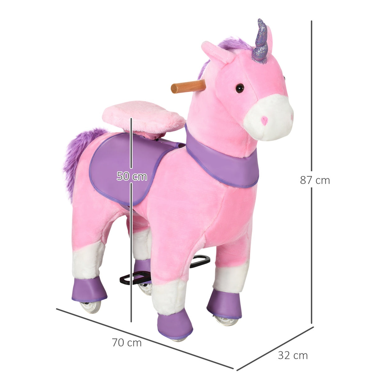 Rocking Horse Toy Horse Unicorn, 4 Wheels, 2 Pedals, Padded Saddle, 70 Cm X 32 Cm X 87 Cm; Pink + Purple + White
