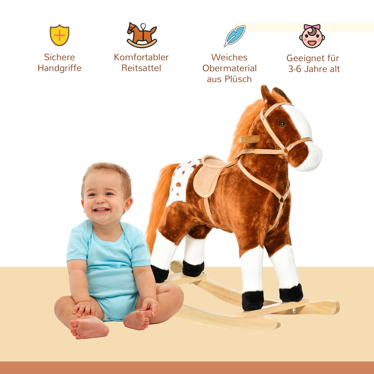 Rocking Horse from 3 Years Rocking Animal Toy Neighing Brown 74x28x65cm for Children