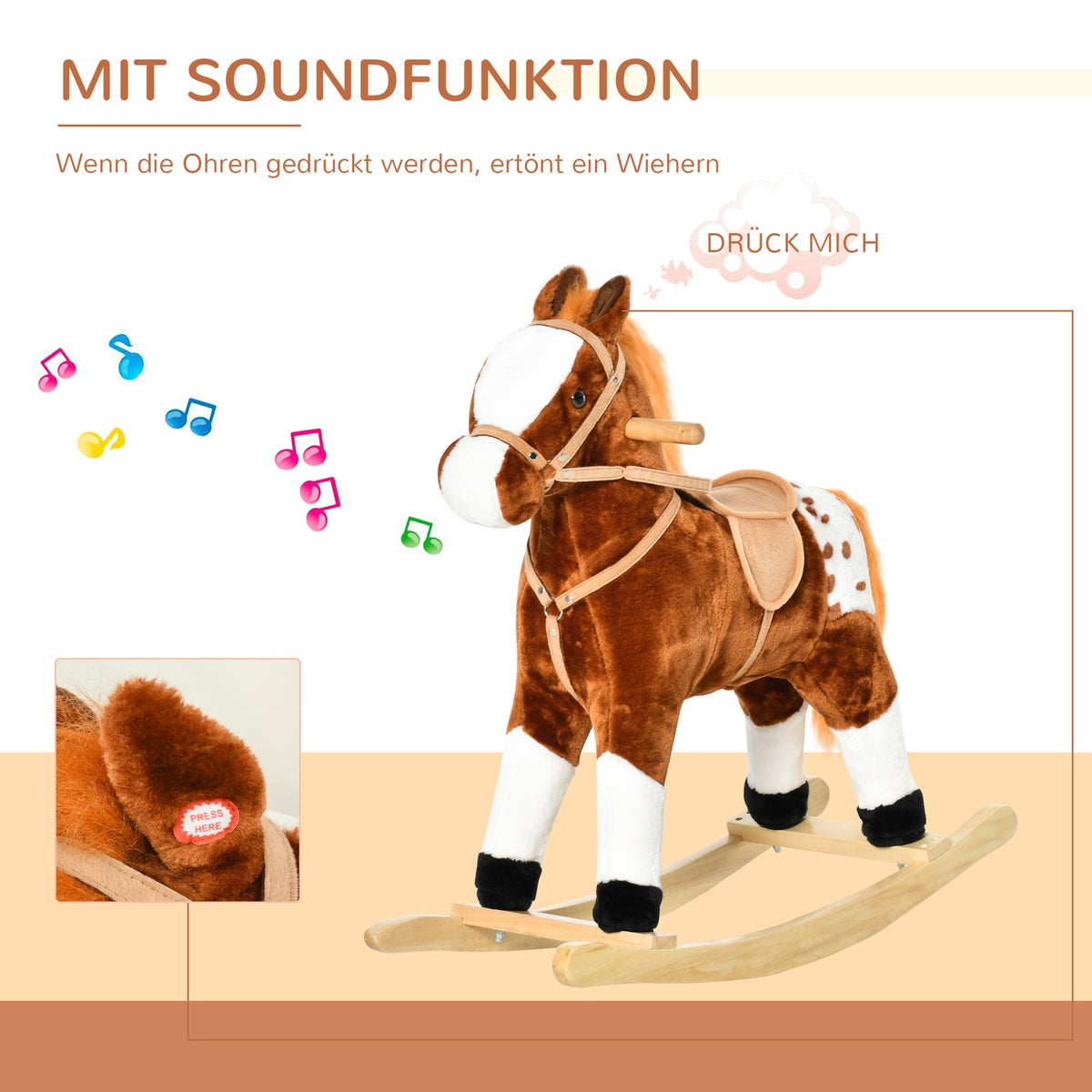 Rocking Horse from 3 Years Rocking Animal Toy Neighing Brown 74x28x65cm for Children