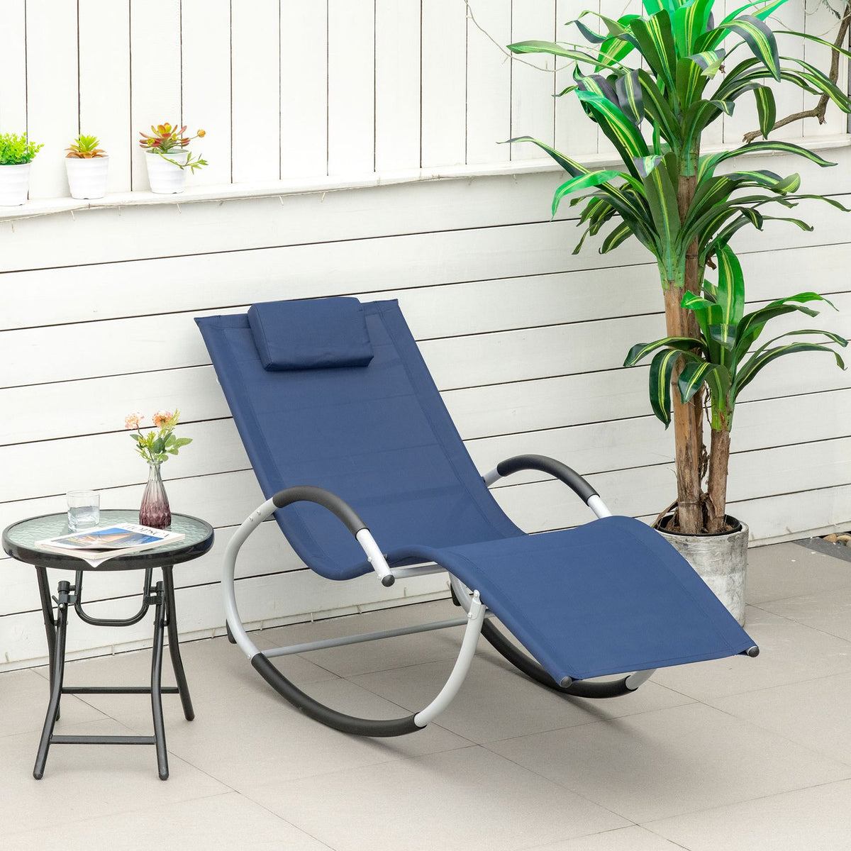 Rocking Lounger Garden Rocking Chair With Headrest, Swing Chair, Garden Chair, Metal, Mesh, Blue, 65X144X83 Cm