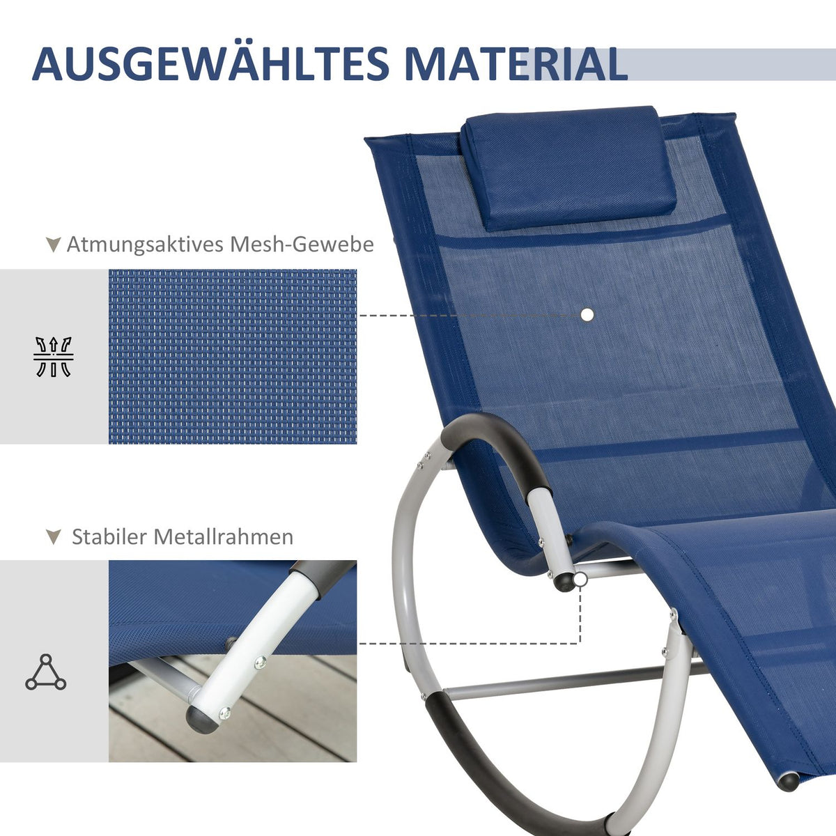 Rocking Lounger Garden Rocking Chair With Headrest, Swing Chair, Garden Chair, Metal, Mesh, Blue, 65X144X83 Cm
