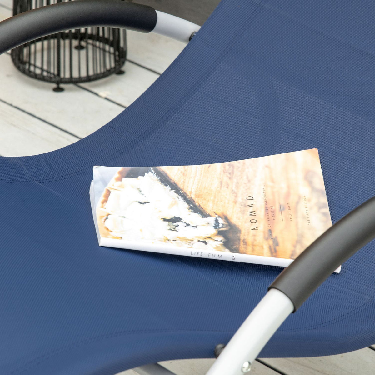 Rocking Lounger Garden Rocking Chair With Headrest, Swing Chair, Garden Chair, Metal, Mesh, Blue, 65X144X83 Cm