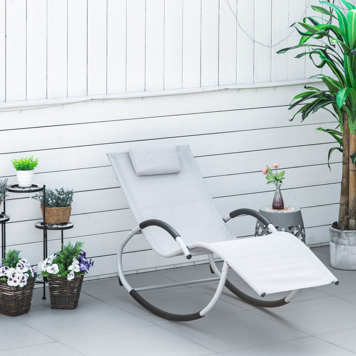 Rocking Lounger Garden Rocking Chair With Headrest Swing Chair Garden Chair Metal Mesh Light Gray 65 X 144 X 83 Cm