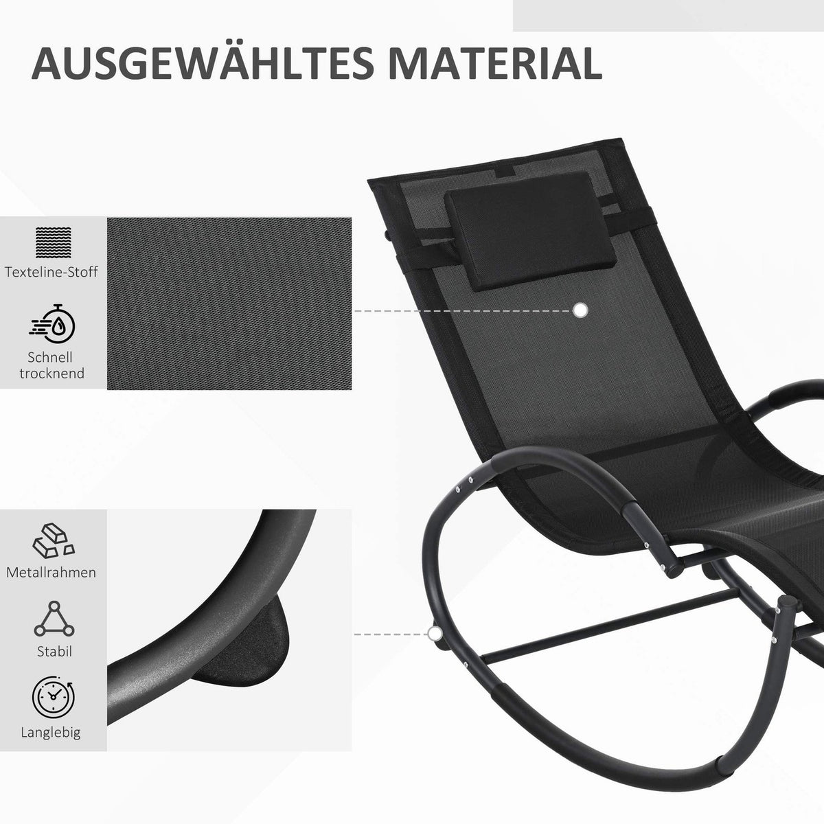 Rocking Lounger, Rocking Chair With Pillow, Garden Lounger, Swing Lounger, Textline, Black, 155 X 61 X 88 Cm