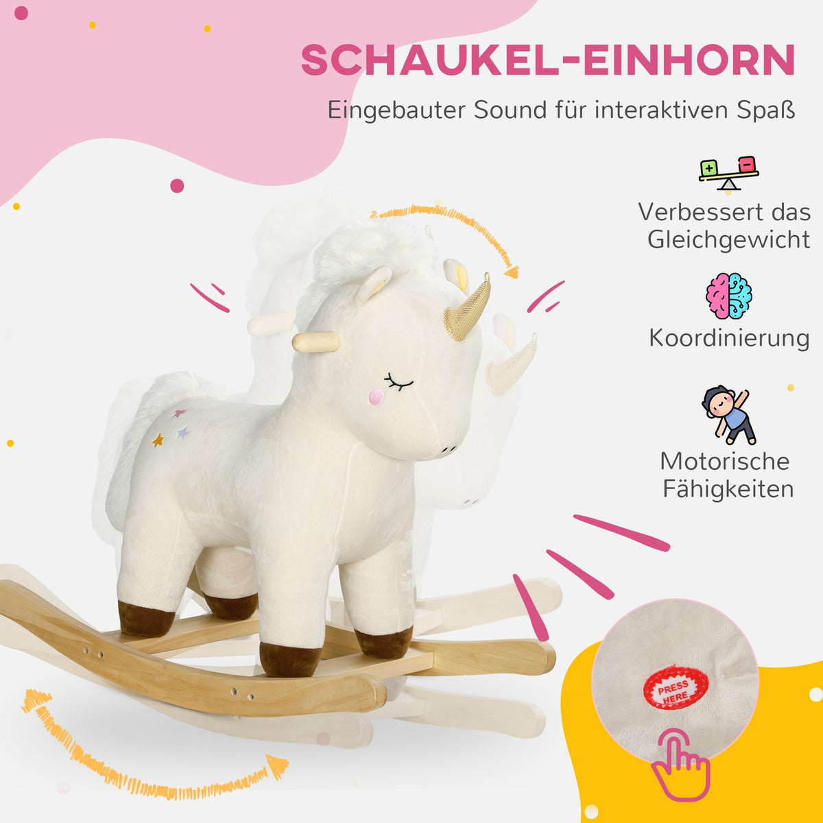 Rocking Toy with Unicorn Design, Sound, Soft Seat, for 2-4 Years Children, Plush, White