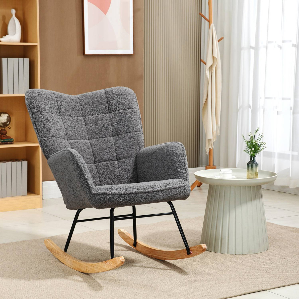 Rocking chair, accent chair, relaxation chair with Berber fleece, for bedroom, up to 120 kg, dark gray, 71x92x101 cm