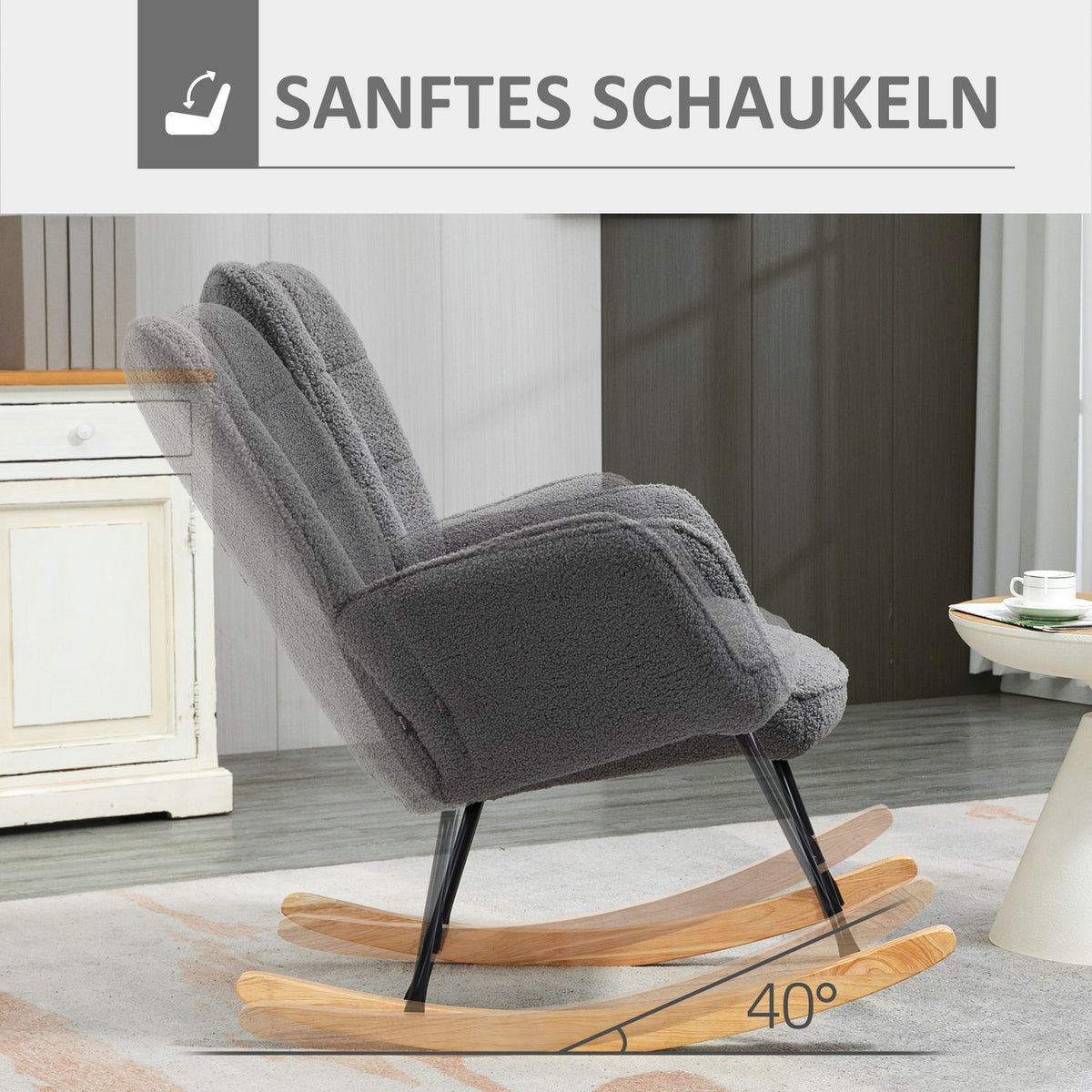 Rocking chair, accent chair, relaxation chair with Berber fleece, for bedroom, up to 120 kg, dark gray, 71x92x101 cm
