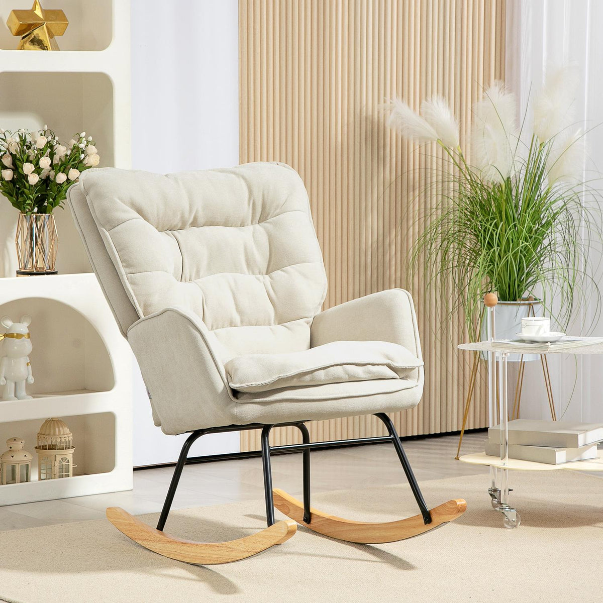 Rocking chair, armchair, nursing chair with chenille look, rocking chair up to 120 kg load capacity for bedroom, living room, beige