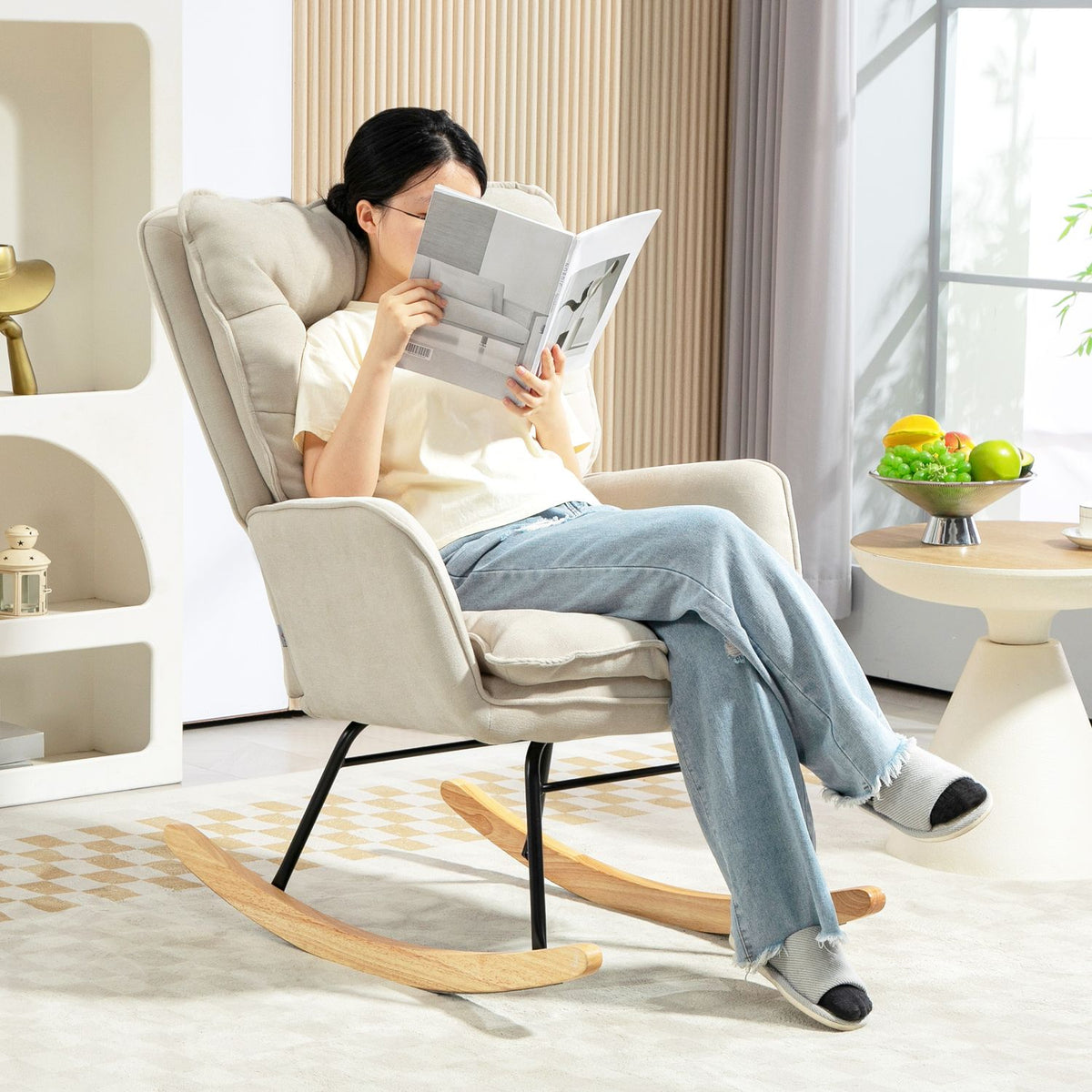 Rocking chair, armchair, nursing chair with chenille look, rocking chair up to 120 kg load capacity for bedroom, living room, beige
