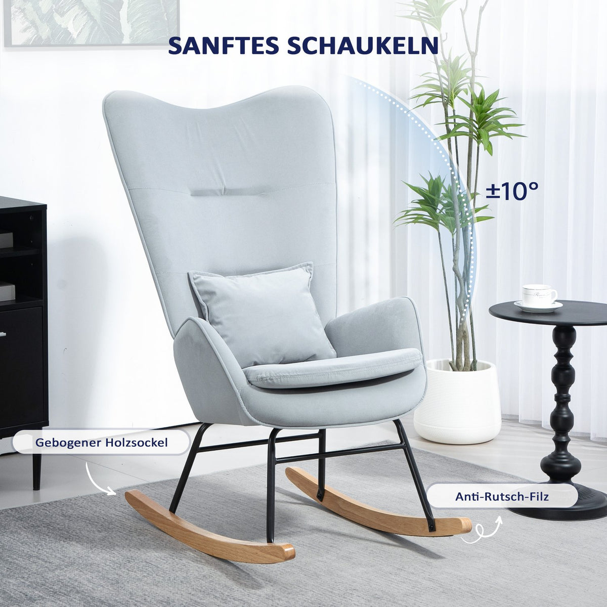 Rocking chair, armchair, nursing chair with velvet look, rocking chair with a load capacity of up to 120 kg for bedrooms, living rooms, light grey