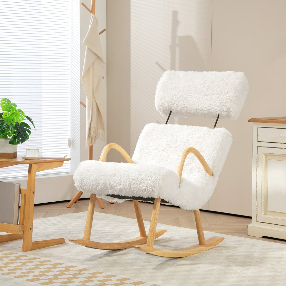 Rocking chair, armchair, nursing chair with wool look, rocking chair up to 120 kg load capacity for bedroom, living room, white
