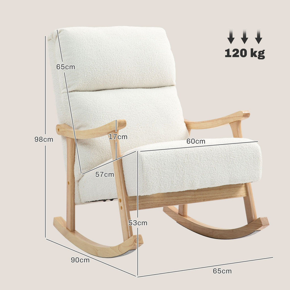 Rocking chair, ergonomic swing chair, armchair, nursing chair with velvet look, rocking chair can hold up to 120 kg, for bedroom, living room, cream white
