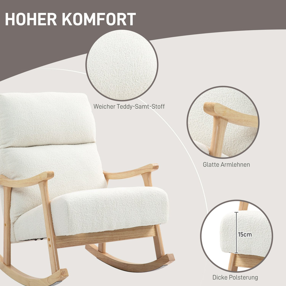 Rocking chair, ergonomic swing chair, armchair, nursing chair with velvet look, rocking chair can hold up to 120 kg, for bedroom, living room, cream white