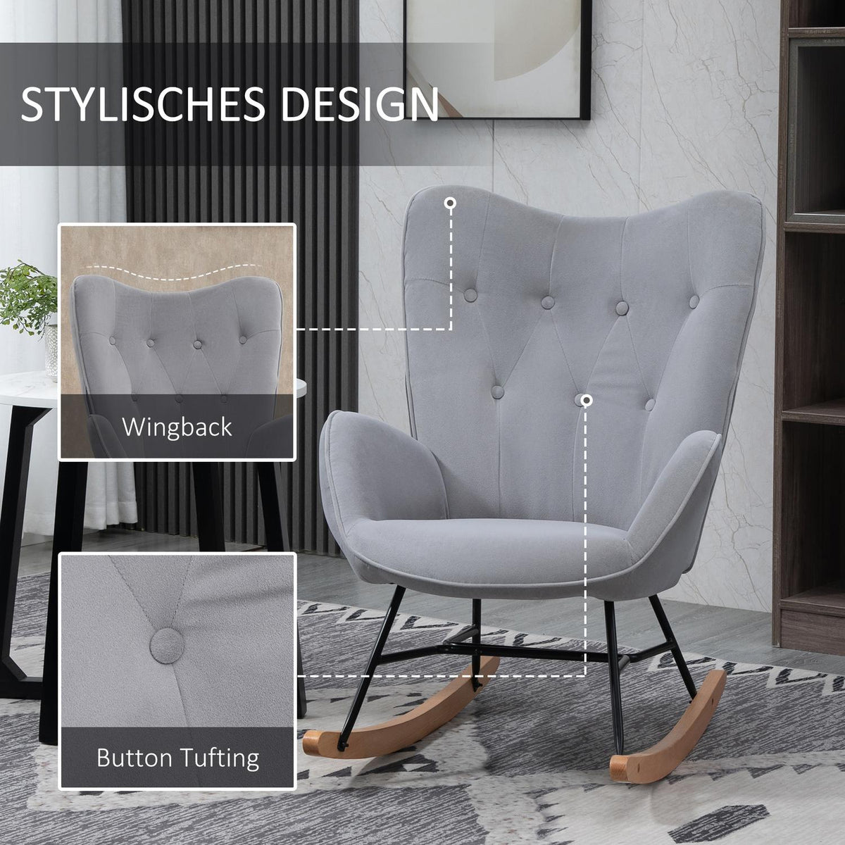 Rocking chair, ergonomic swing chair, armchair, nursing chair with velvet look, rocking chair can hold up to 150 kg, for bedroom, living room, light gray