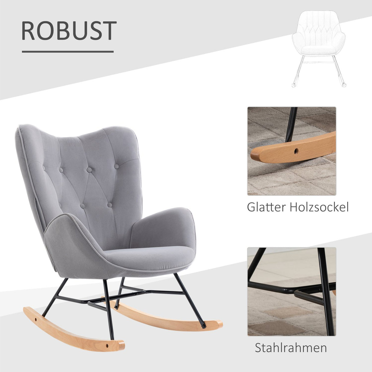 Rocking chair, ergonomic swing chair, armchair, nursing chair with velvet look, rocking chair can hold up to 150 kg, for bedroom, living room, light gray