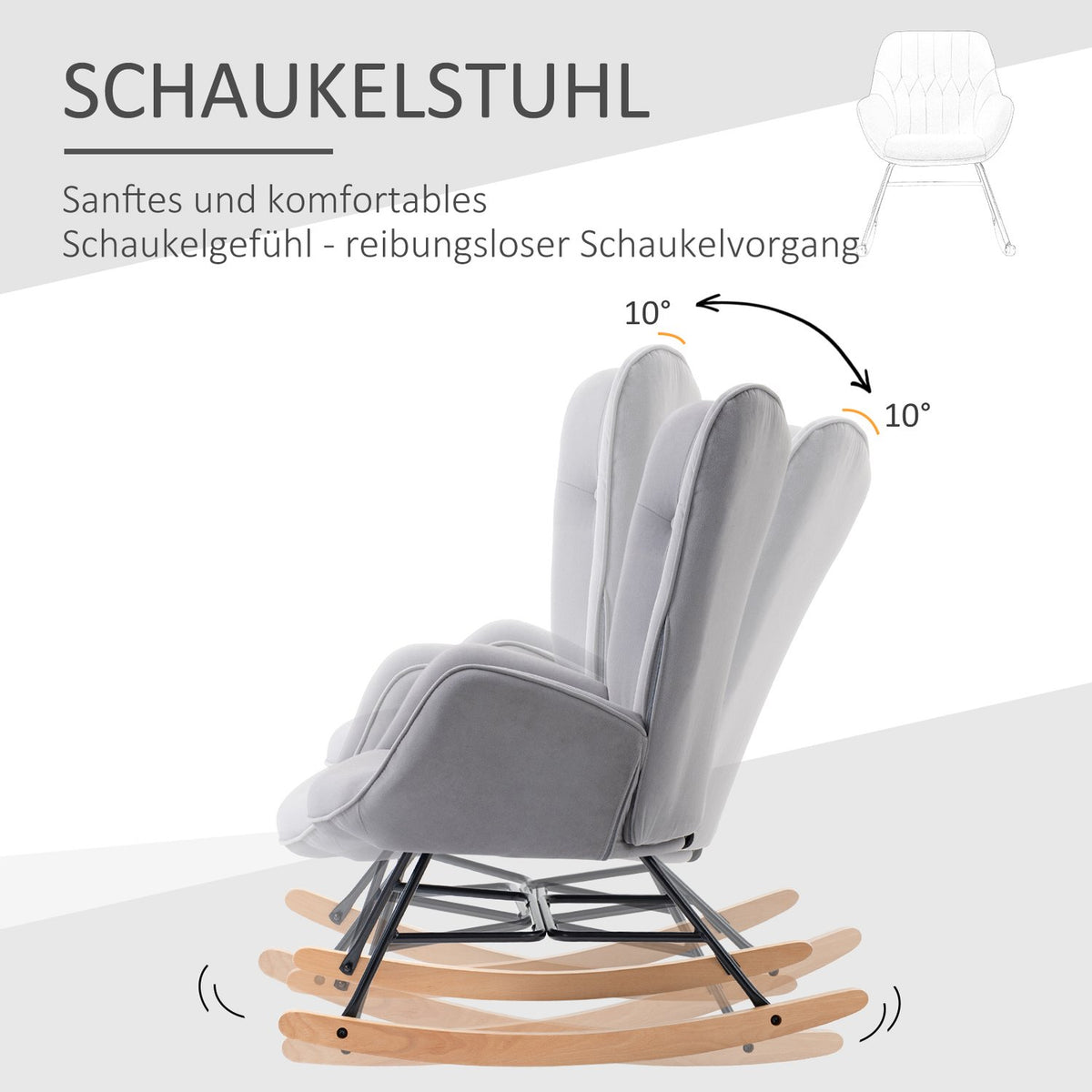 Rocking chair, ergonomic swing chair, armchair, nursing chair with velvet look, rocking chair can hold up to 150 kg, for bedroom, living room, light gray