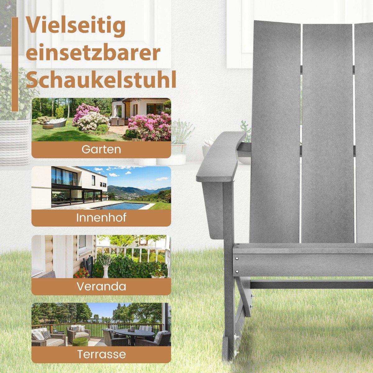 Rocking chair outdoor Adirondack garden chair made of HDPE 93 x 55.5 x 90 cm gray